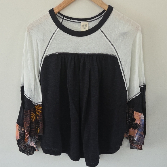 Free People Tops - Free People Black and White Long Sleeve Top with Floral Sleeves